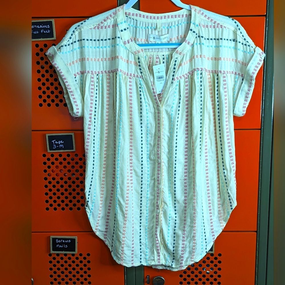 Lou & Grey for LOFT Textured Stripe Button Front Blouse Oversized Size XS